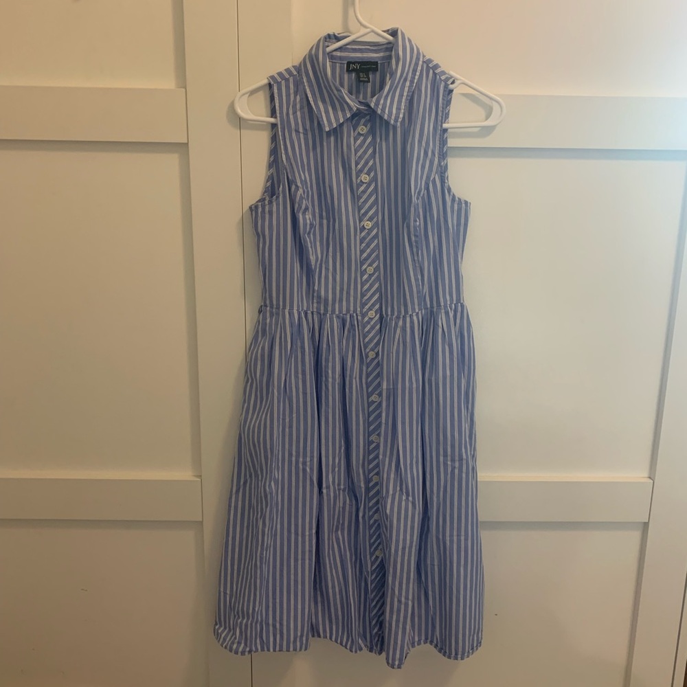 Jones New York Sleeveless Blue and White Striped Shirt Dress